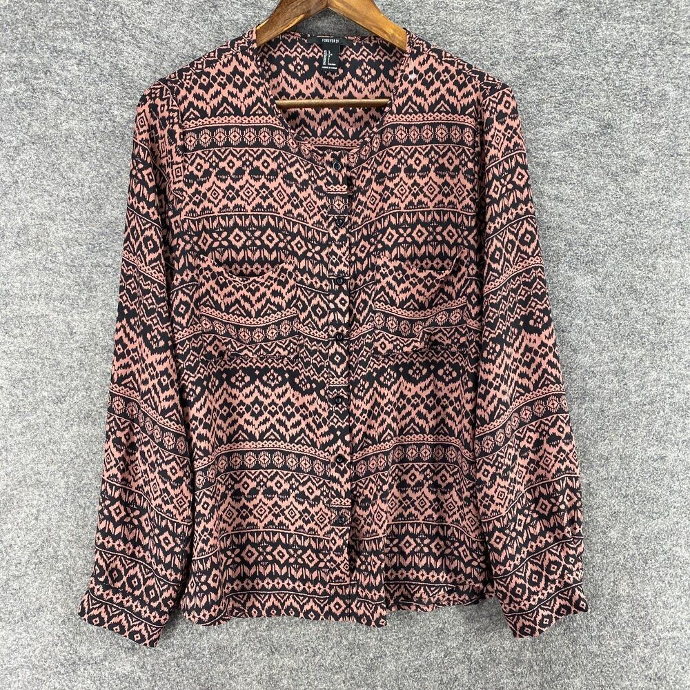 Forever 21 Shirt Women L Large Pink Geometric Button Up Long Sleeve Round Neck